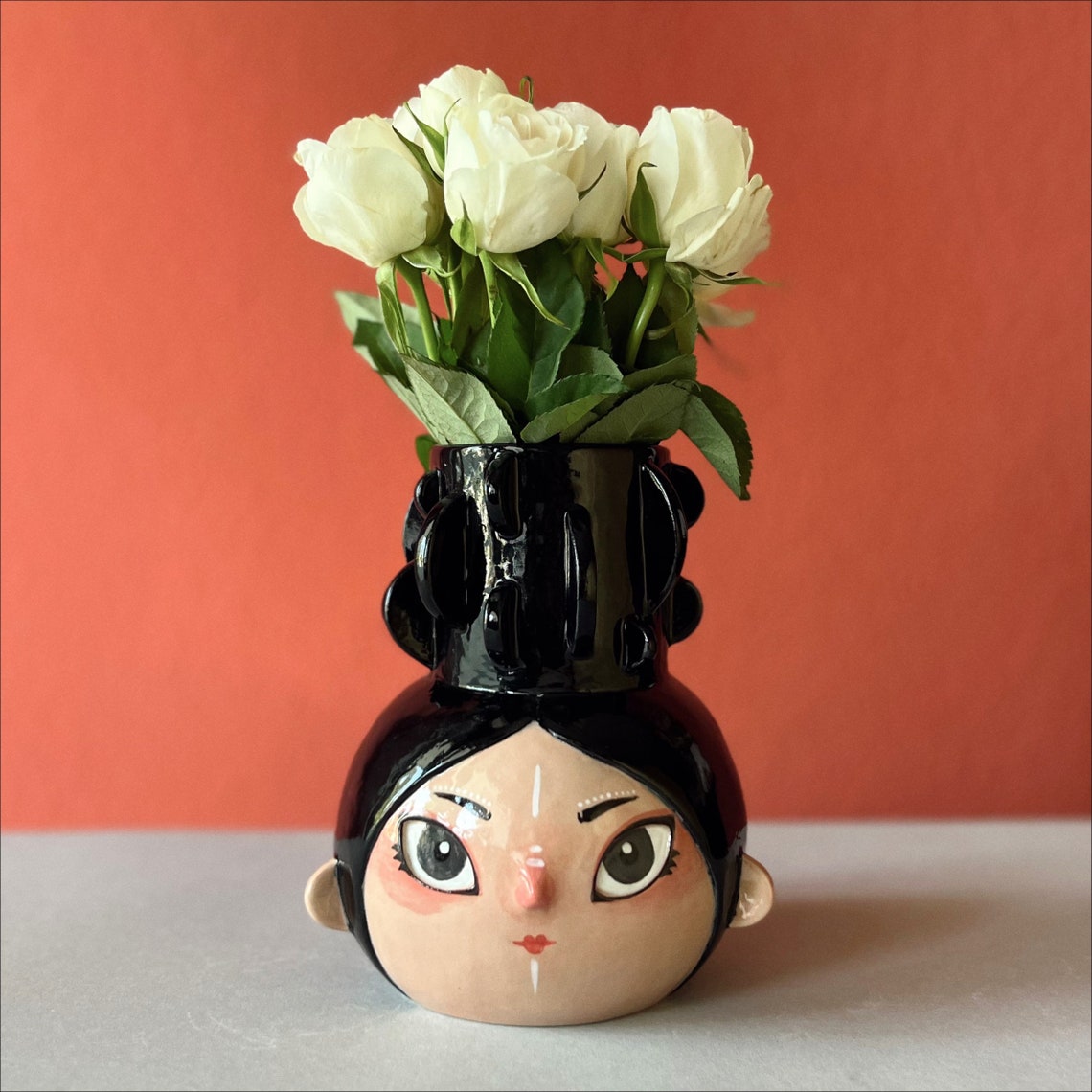 Black Haired Face Tattoo Girl Vase